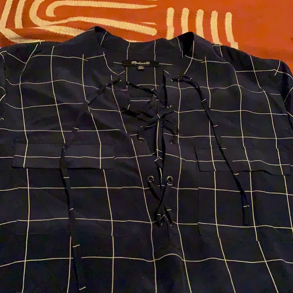Madewell 100% Silk Window Pane Plaid LaceUp Blouse - Picture 5 of 5